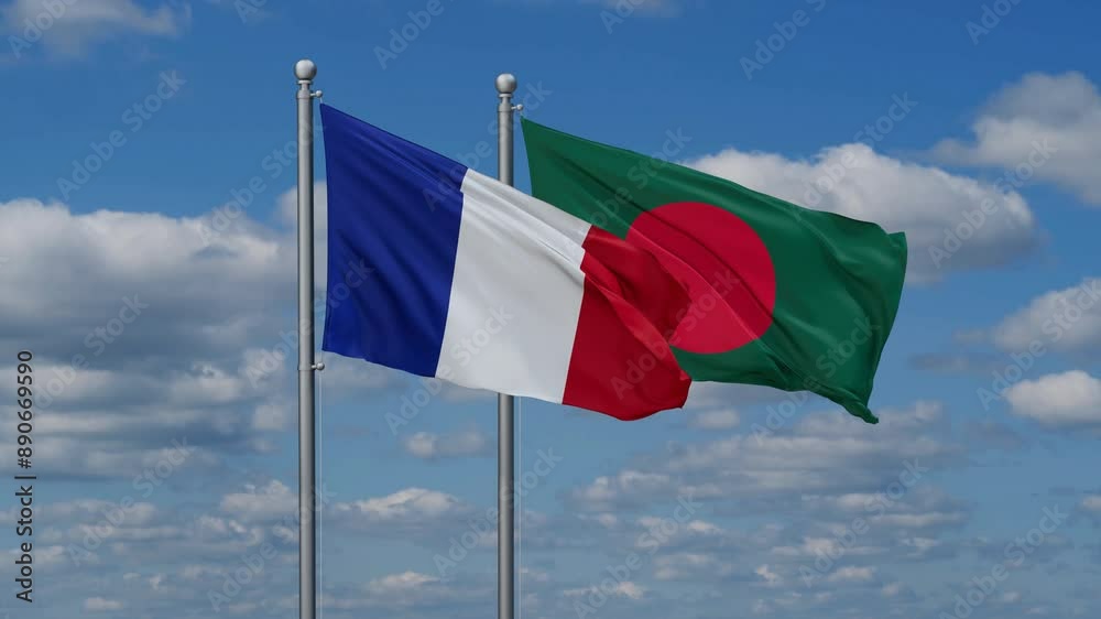 Bangladesh and France flags flying together, video concept of the relationship, two country relations concept Bangladesh and France flags flying together, video concept of the relationship, two country relations concept