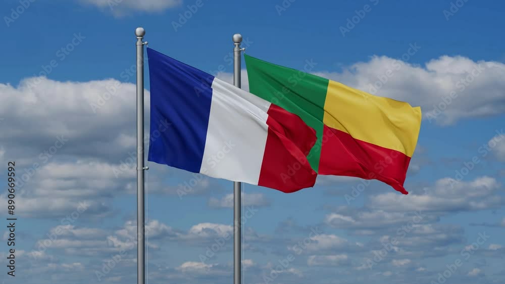 France and Benin flags flying together, video concept of the relationship France and Benin flags flying together, video concept of the relationship