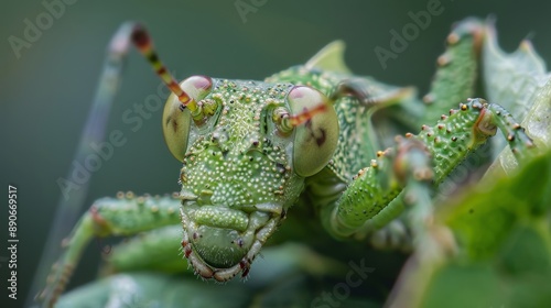Close-up view of a green katydid resting on a vibrant green leaf with intricate details in the wild. photo
