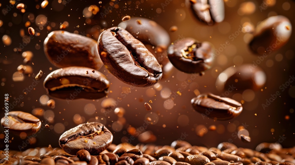 Coffee beans, roasted, falling onto a pile, close-up shot, brown backdrop. Coffee beans, roasted, falling onto a pile, close-up shot, brown backdrop.