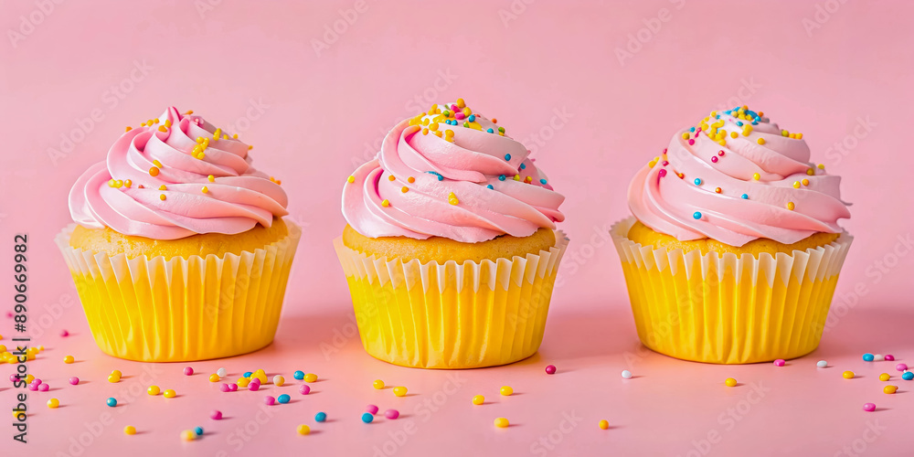 Three vanilla cupcakes with pink frosting and colorful sprinkles, set against a pink background.
Three vanilla cupcakes with pink frosting and colorful sprinkles, set against a pink background.