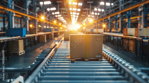 Wallpaper Mural A high-tech warehouse at sunset, showcasing an automated system where numerous boxes move along a conveyor belt under bright industrial lights in a vast space. Torontodigital.ca