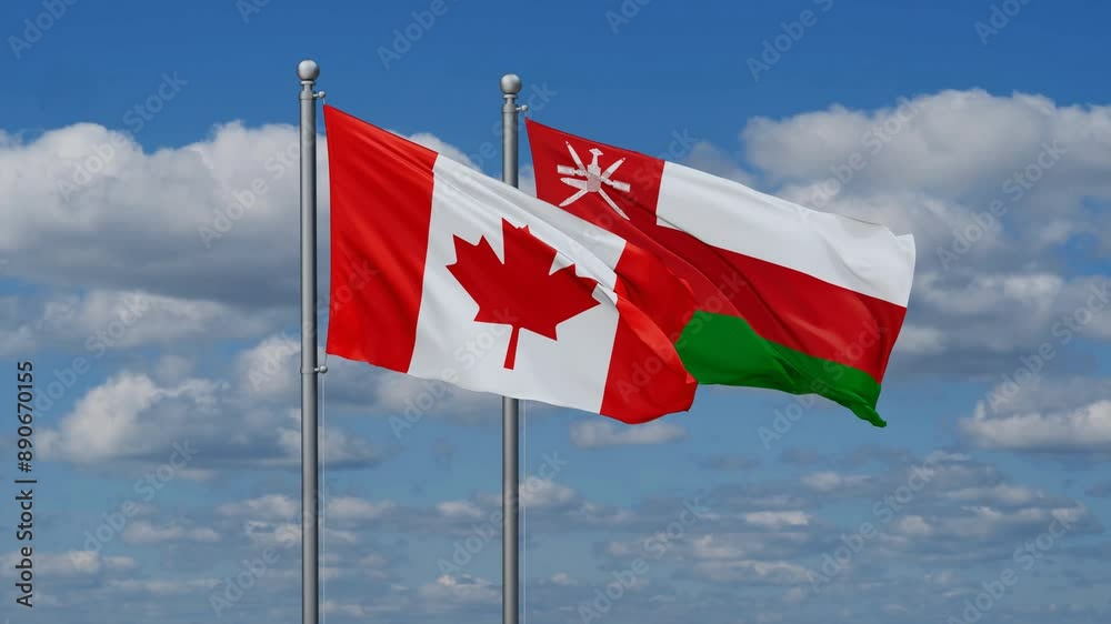 Oman and Canada flags flying together, video concept of the relationship, two country cooperation concept Oman and Canada flags flying together, video concept of the relationship, two country cooperation concept