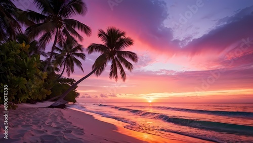 Tropical beach sunset with golden light, swaying palm trees, soft sand, and ocean breeze—serene coastal landscape scene.
