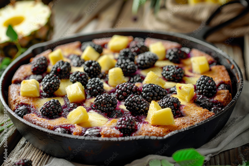 A delectable pie topped with juicy blackberries and pineapple pieces in a rustic setting. A delectable pie topped with juicy blackberries and pineapple pieces in a rustic setting.
