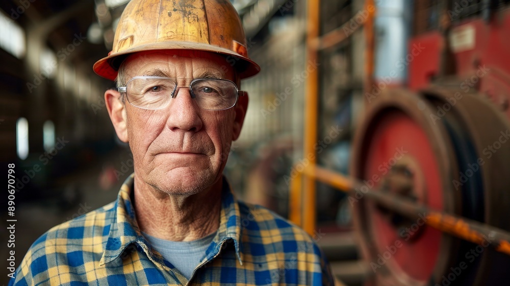 An elderly man wearing a hard hat and glasses stands in the foreground of an industrial workshop, exemplifying experience and dedication to manual labor in a gritty environment. An elderly man wearing a hard hat and glasses stands in the foreground of an industrial workshop, exemplifying experience and dedication to manual labor in a gritty environment.