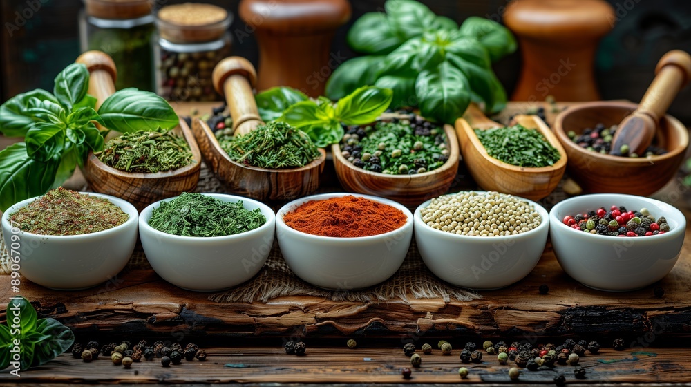 Assorted Spices and Herbs on Wooden Tabletop Assorted Spices and Herbs on Wooden Tabletop