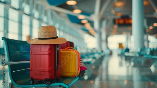 Luggage and Hat on a Bench in an Airport