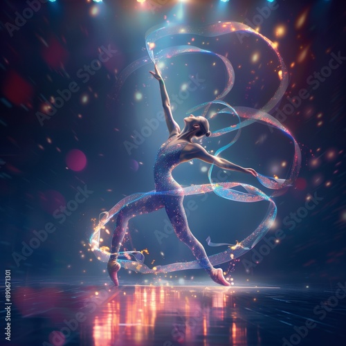 A graceful gymnast mid-leap, ribbon swirling around her in an ethereal pattern. She wears a sparkling leotard, performing on a vibrant competition floor. Vibrant with sparkling light