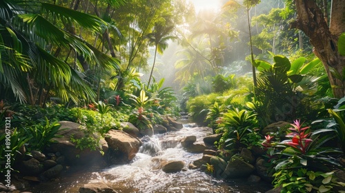 Creation. Genesis. God planted a garden in a place called Eden. Verdant and serene garden with winding river creating a peaceful atmosphere.