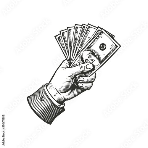 hand holding money engraving hand drawn illustration isolated white background