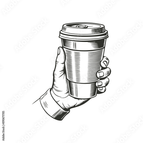 hand holding coffee cup engraving hand drawn illustration isolated white background