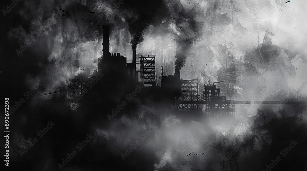 Fototapeta premium A highly atmospheric scene portraying an industrial plant emitting large amounts of smoke, symbolizing pollution and environmental concerns amidst a dark background.