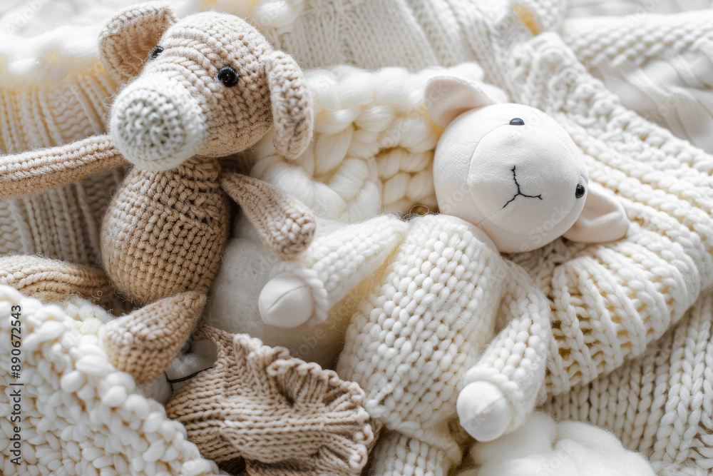 Soft, knitted stuffed elephant and lamb nestled in cozy white blankets, creating an inviting and comforting scene perfect for a child’s nursery. Soft, knitted stuffed elephant and lamb nestled in cozy white blankets, creating an inviting and comforting scene perfect for a child’s nursery.