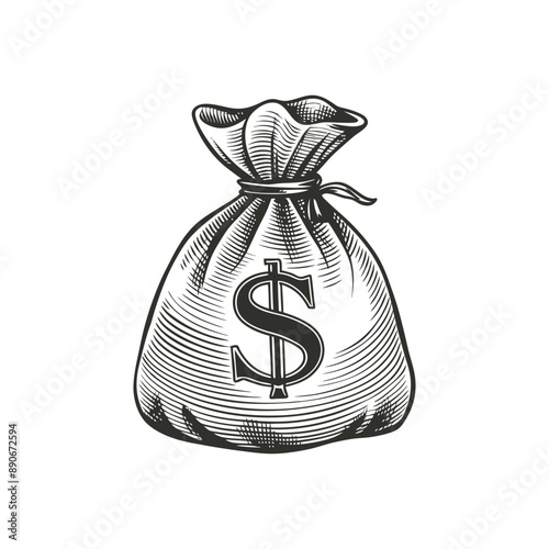 money bag engraving hand drawn illustration isolated white background