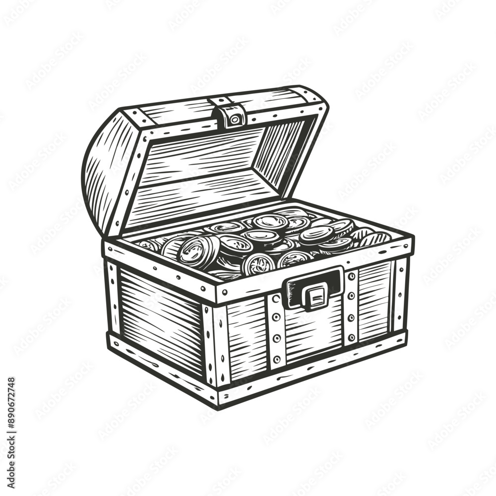 open pirate chest, coins inside engraving hand drawn illustration isolated white background