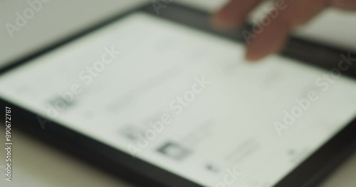 Defocused Shot of person using e-reader ebook device for reading books