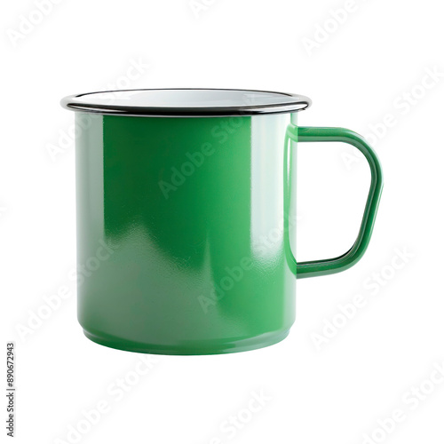Green stainless steel mug. Isolated on transparent background.