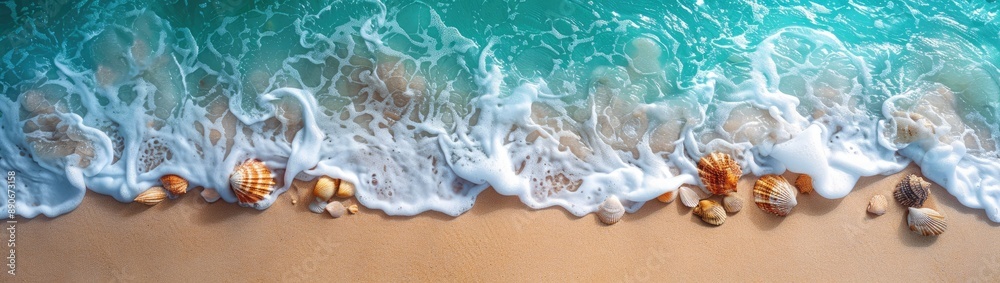 abstract sand beach from above with light blue transparent water waves and sunlights, summer vacation background concept banner with copy space, natural beauty spa outdoors abstract sand beach from above with light blue transparent water waves and sunlights, summer vacation background concept banner with copy space, natural beauty spa outdoors