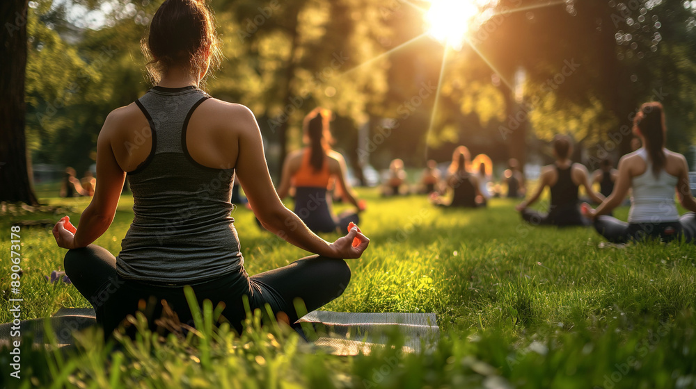 Group of diverse people practicing yoga outdoors in sunny park Group of diverse people practicing yoga outdoors in sunny park