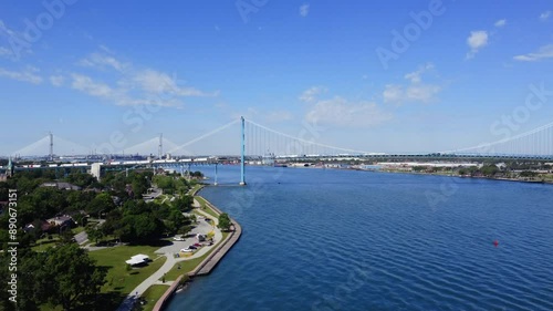 Drone view of Detroit River, the border between USA and Canada. 