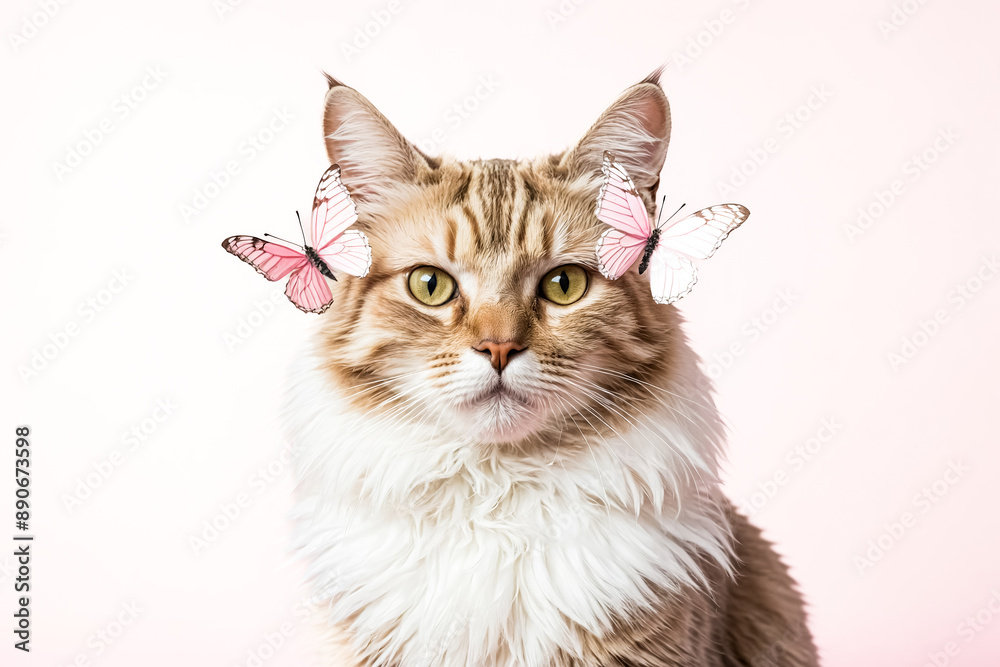 Fototapeta premium Fluffy Cat with Pink Butterflies