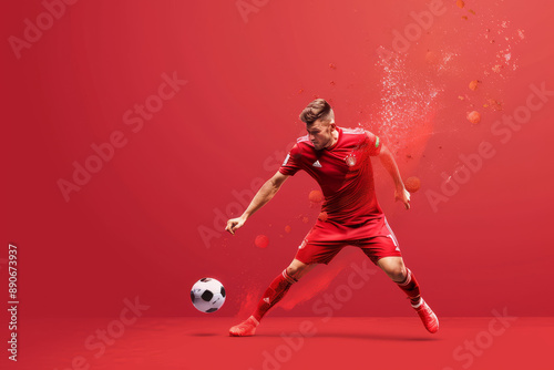 A dynamic soccer player in a vibrant red uniform skillfully traps a soccer ball against a vivid red backdrop with splashes of energy.