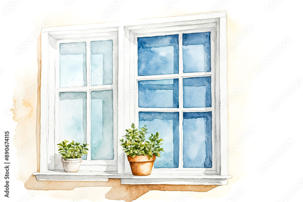Watercolor Window with Plants Watercolor Window with Plants