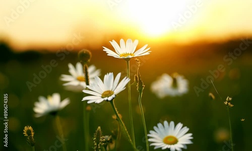 Chamomile. White daisy flowers in a field of green grass sway in the wind at sunset. Chamomile flowers field with green grass. Close up slow motion. Nature, flowers, spring, biology, fauna concept