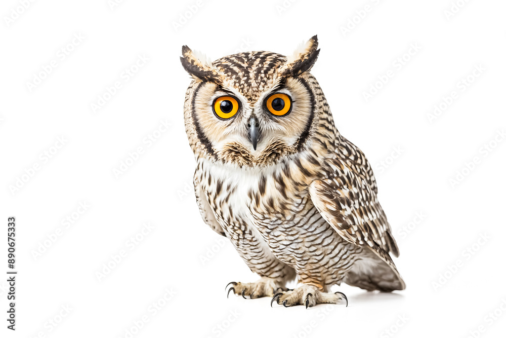 Fototapeta premium Owl with Intense Yellow Eyes Isolated on White Background