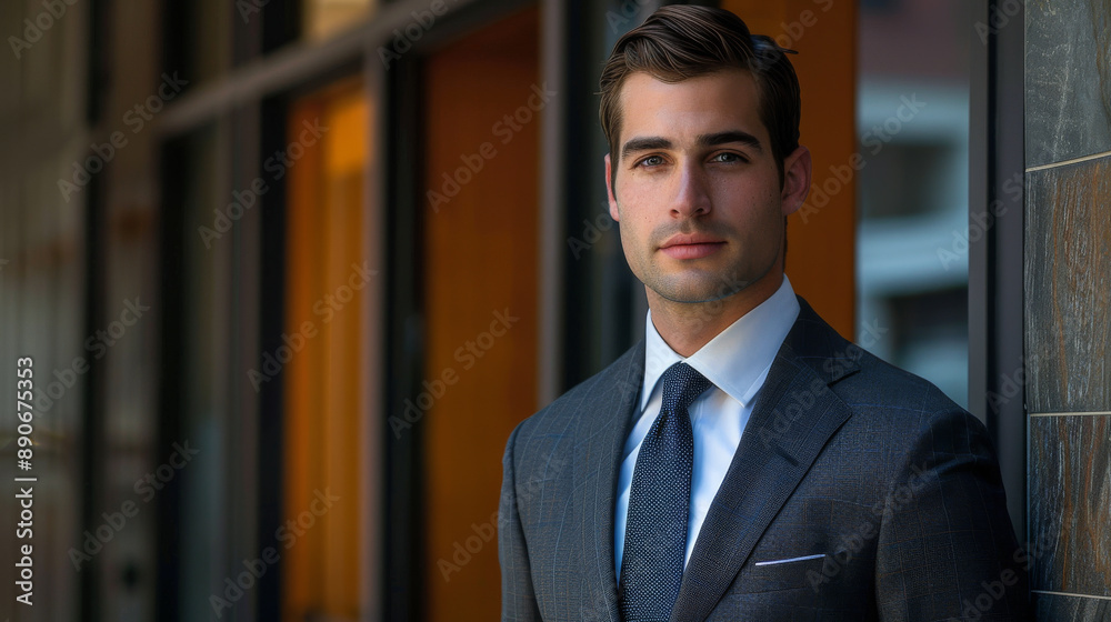 A man in a suit and tie stands in front of a building A man in a suit and tie stands in front of a building