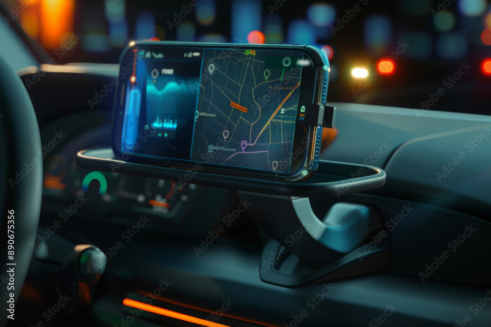 A smartphone mounted in a car showing a GPS navigation screen, highlighting a modern, tech-savvy driving experience with city lights in the background. A smartphone mounted in a car showing a GPS navigation screen, highlighting a modern, tech-savvy driving experience with city lights in the background.