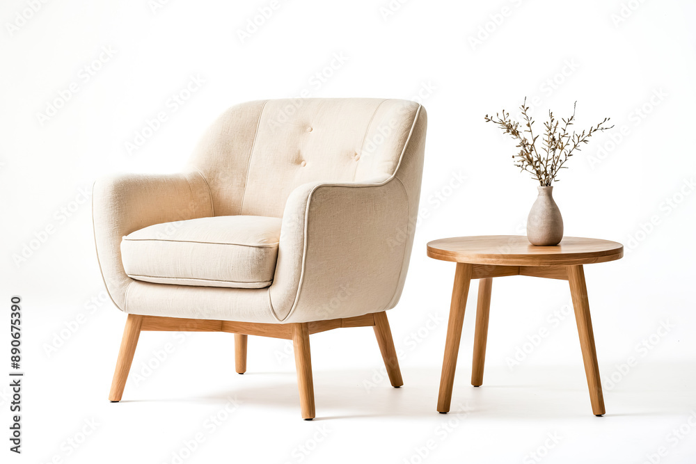 Fototapeta premium Beige armchair with wooden legs and a wooden side table