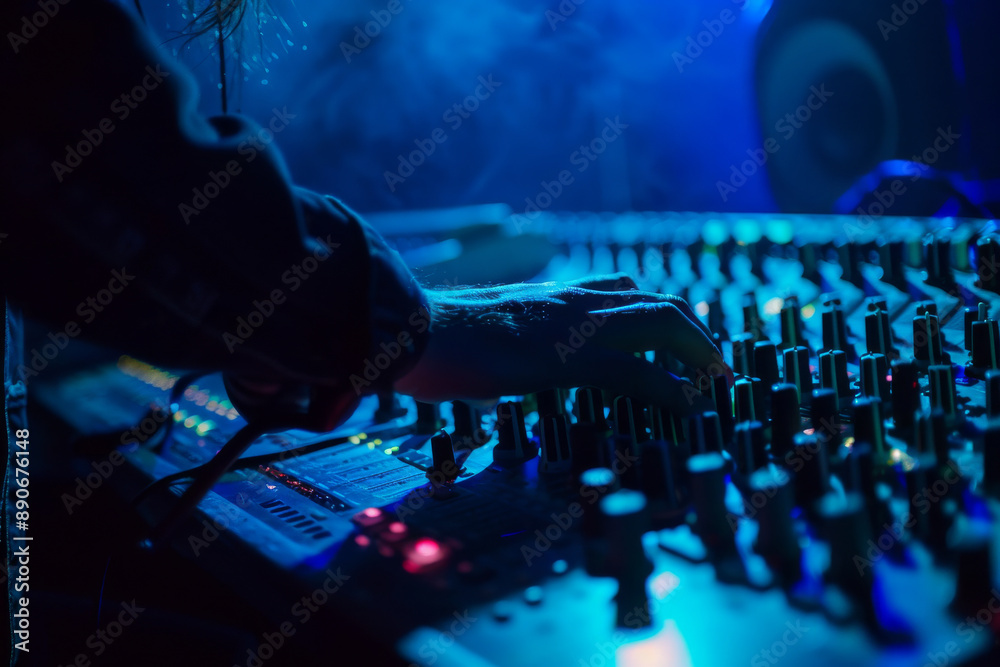 A hand meticulously adjusts knobs on a sound mixing board amidst blue ambient lighting, capturing the enchanting yet technical nature of music production. A hand meticulously adjusts knobs on a sound mixing board amidst blue ambient lighting, capturing the enchanting yet technical nature of music production.