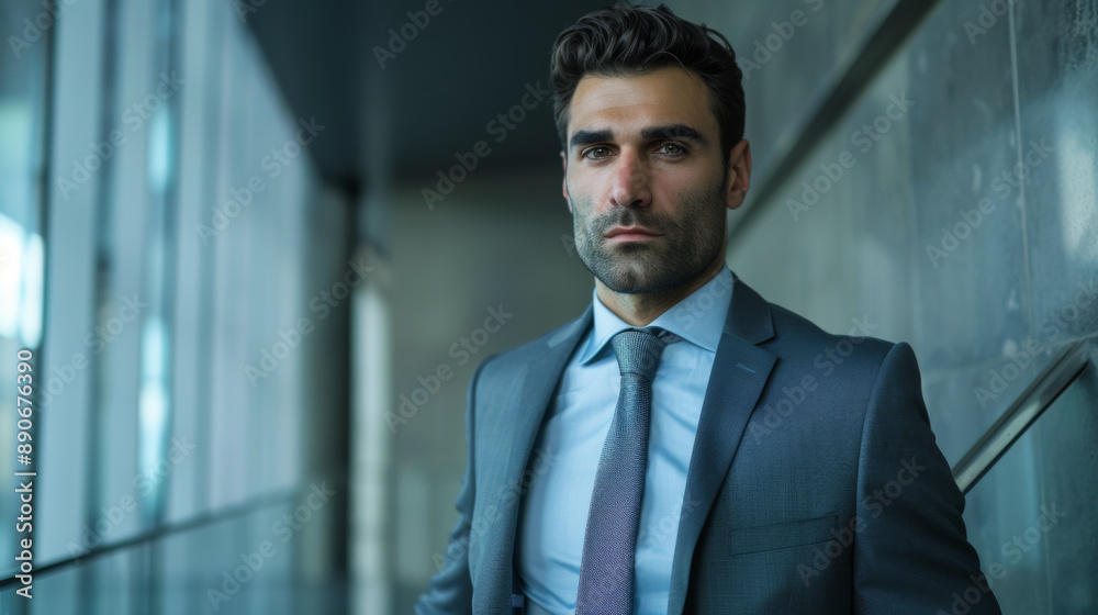 A man in a suit and tie stands in front of a glass wall A man in a suit and tie stands in front of a glass wall
