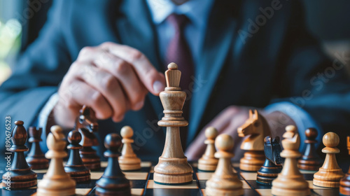 A man in a suit is playing chess with a wooden king