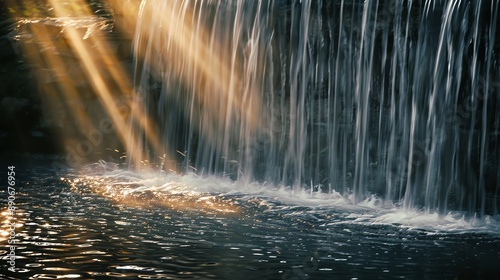 Sunlight streaming through a tranquil waterfall, illuminating the cascading water and splash below in a serene natural setting.