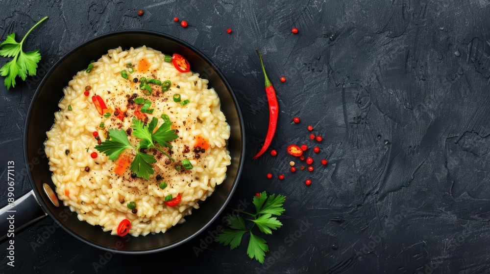 Delicious risotto with vegetables and chili pepper on black background Delicious risotto with vegetables and chili pepper on black background