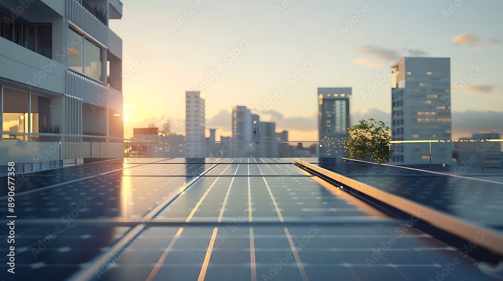 Fototapeta premium Solar Panels on a Rooftop with City Skyline