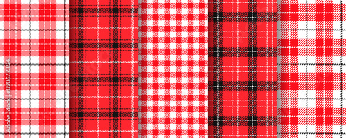 Vichy seamless background. Check red black pattern. Set tartan gingham prints. Plaid Christmas cloth. Lumberjack table cloth texture. Flannel tablecloth. Kitchen napkin textile. Vector illustration