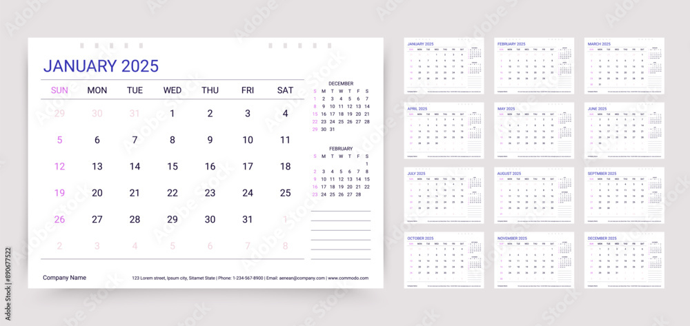 Calendar for 2025 year. Planner template. Calender organizer with 12 month. Week starts Sunday. Table schedule grid. Desk monthly diary layout. Horizontal design. Vector illustration. Paper size A5. Calendar for 2025 year. Planner template. Calender organizer with 12 month. Week starts Sunday. Table schedule grid. Desk monthly diary layout. Horizontal design. Vector illustration. Paper size A5.