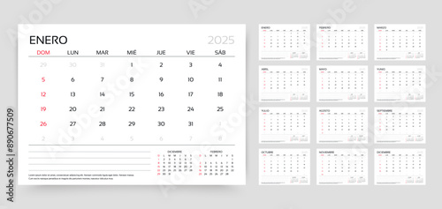 Calendar 2025 year. Spanish planner template. Week starts Sunday. Calender layout. Yearly corporate organizer. Desk schedule grid. Horizontal monthly diary with 12 month. Vector simple illustration