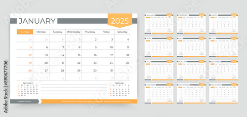 2025 calendar. Planner template. Week starts Sunday. Yearly calender organizer layout. Desk schedule grid. Table monthly diary with 12 month. Vector illustration. Horizontal design. Paper size A5.