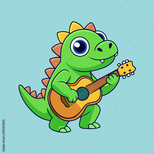 cute dinosaur playing guitar cartoon vector illustration