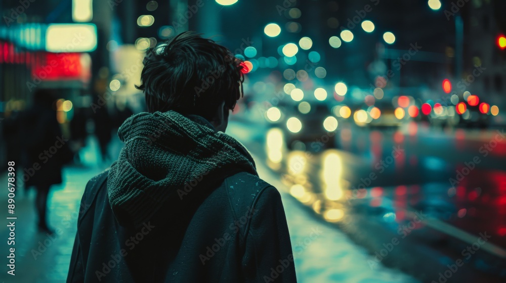 Someone walks alone through a city at night, surrounded by lights Someone walks alone through a city at night, surrounded by lights