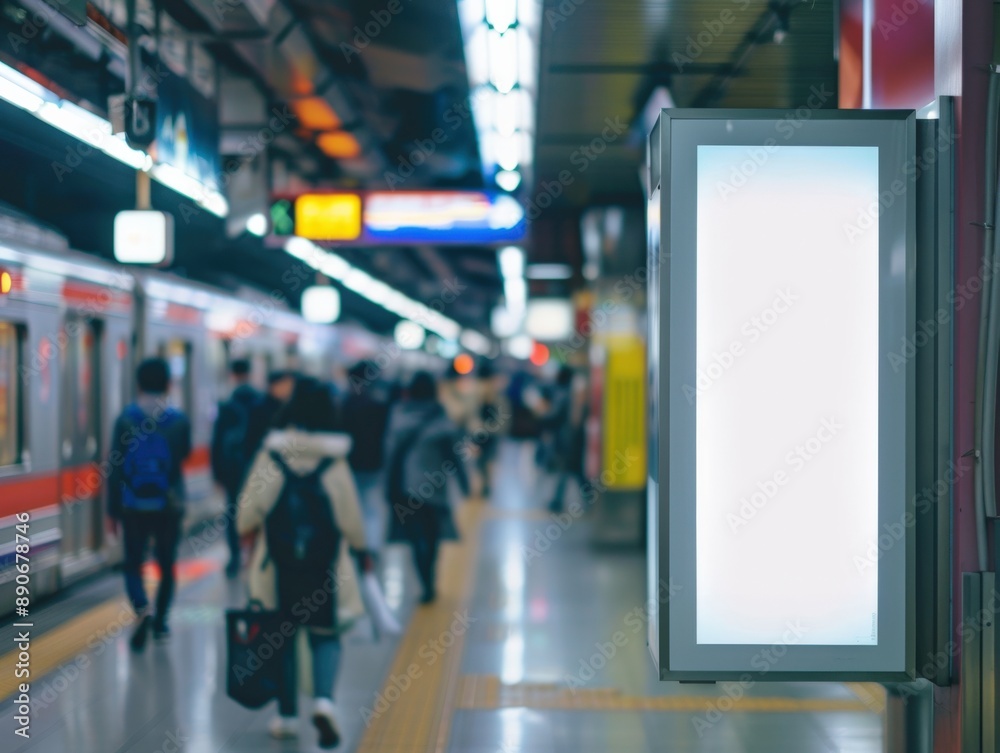 Busy subway station with a blank illuminated sign and commuters in motion Busy subway station with a blank illuminated sign and commuters in motion