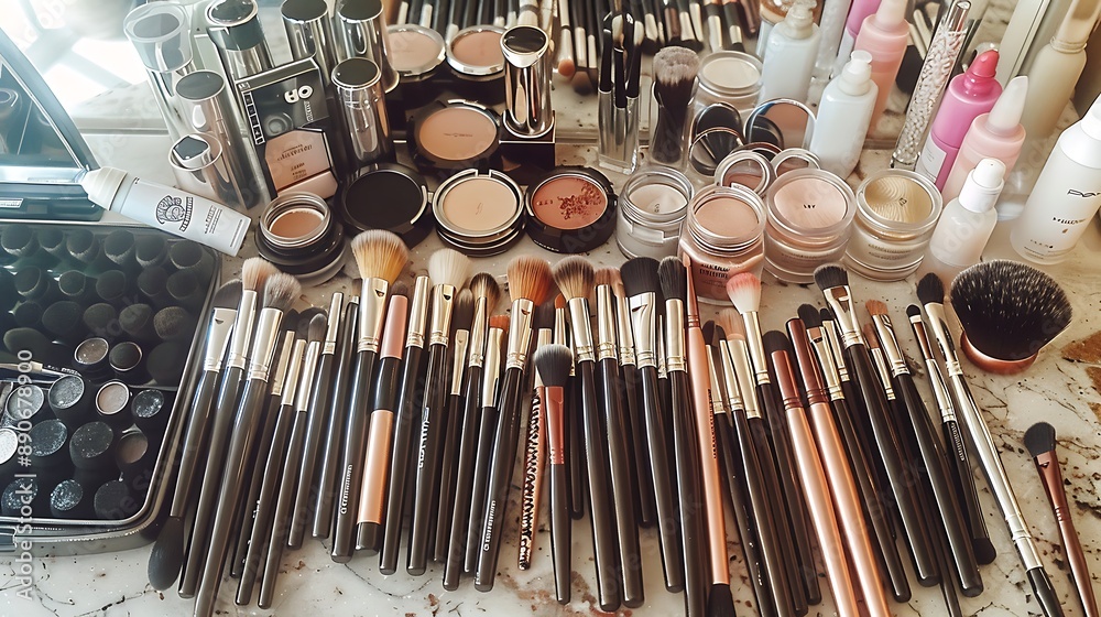 Makeup Brushes and Products Scattered on a Marble Countertop Makeup Brushes and Products Scattered on a Marble Countertop