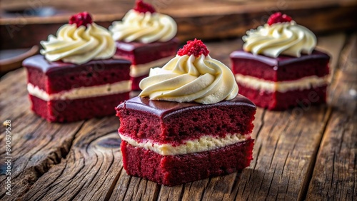 Richly colored, velvety-smooth, decadent dessert with deep crimson hue and subtle cream cheese frosting on a rustic wooden background.