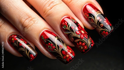 Vibrant red lacquered nails adorned with intricate floral patterns on a sleek black background, exuding elegance and sophistication.