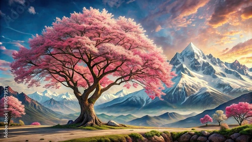 Vibrant pink cherry blossoms adorn a majestic tree set against a dramatic, snow-capped mountain landscape in a stunning 3D relief mural.